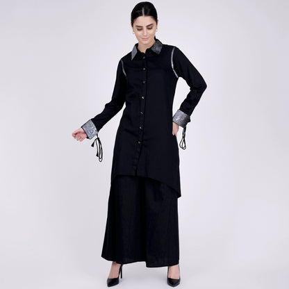 Black Sequined Shirt Dress and Wide Leg Pants