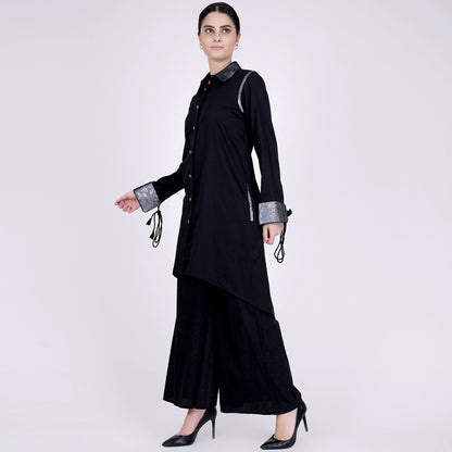 Black Sequined Shirt Dress and Wide Leg Pants