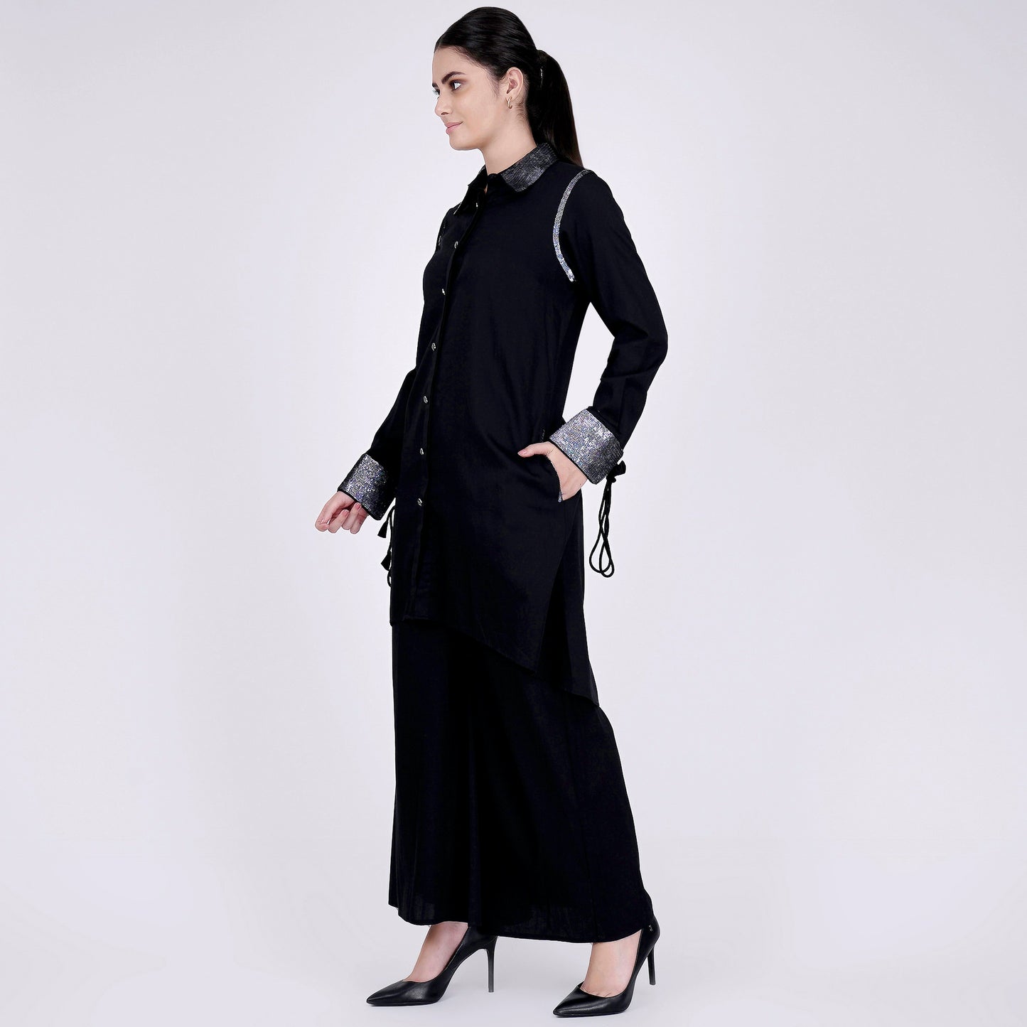 Black Sequined Shirt Dress and Wide Leg Pants