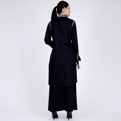 Black Sequined Shirt Dress and Wide Leg Pants