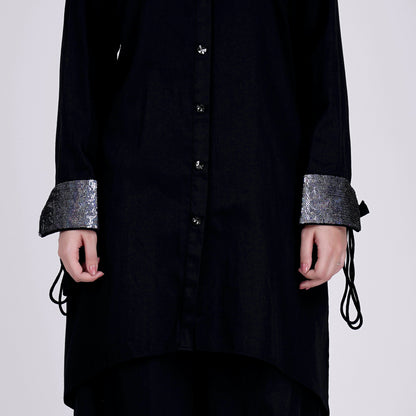 Black Sequined Shirt Dress and Wide Leg Pants