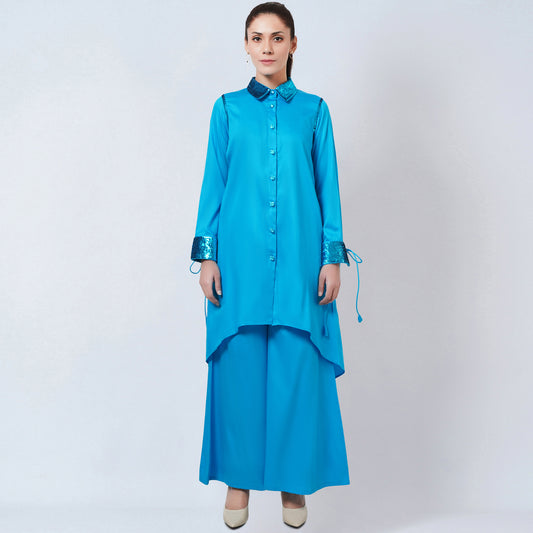 Blue Sequinned Shirt Dress and Wide Leg Pants