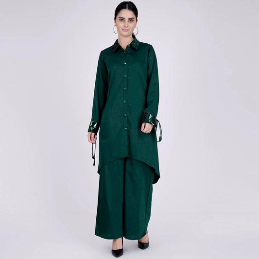Bottle Green Sequinned Shirt Dress and Wide Leg Pants