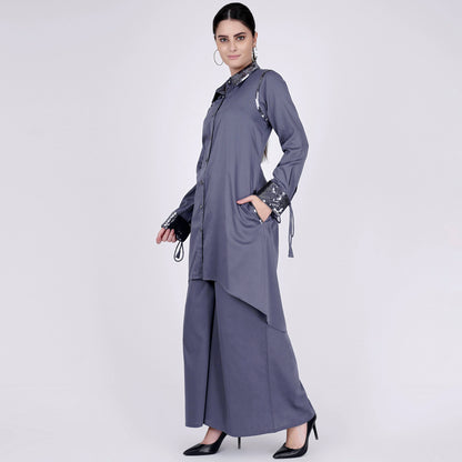 Grey Sequined Shirt Dress and Wide Leg Pants