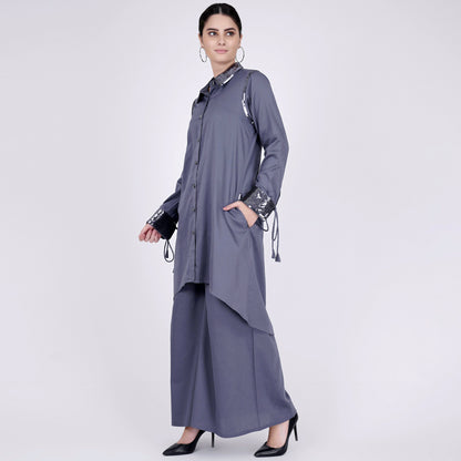 Grey Sequined Shirt Dress and Wide Leg Pants
