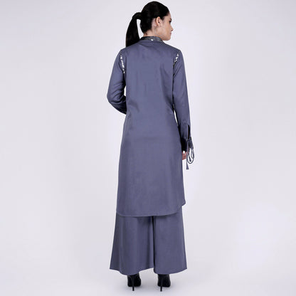 Grey Sequined Shirt Dress and Wide Leg Pants