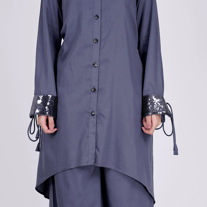 Grey Sequined Shirt Dress and Wide Leg Pants