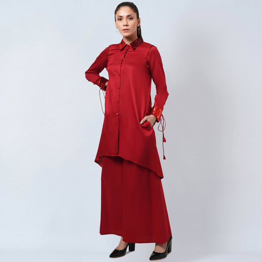 Red Sequinned Shirt Dress and Wide Leg Pants