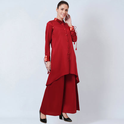 Red Sequinned Shirt Dress and Wide Leg Pants