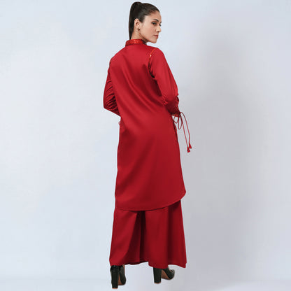 Red Sequinned Shirt Dress and Wide Leg Pants