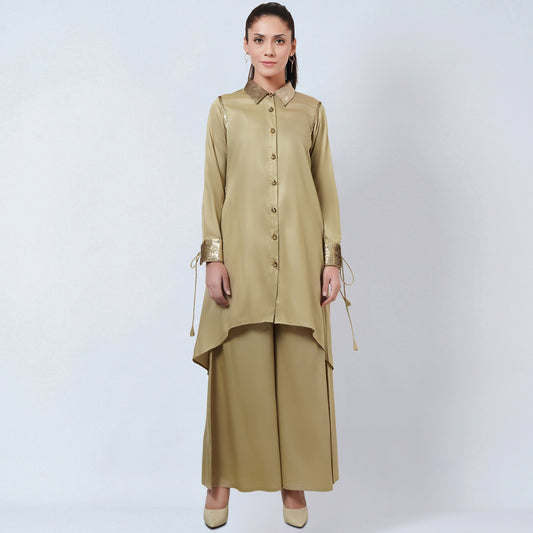 Sand Sequinned Shirt Dress and Wide Leg Pants