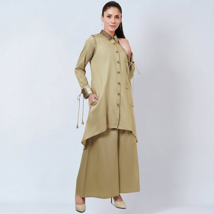Sand Sequinned Shirt Dress and Wide Leg Pants