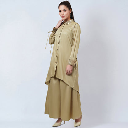 Sand Sequinned Shirt Dress and Wide Leg Pants
