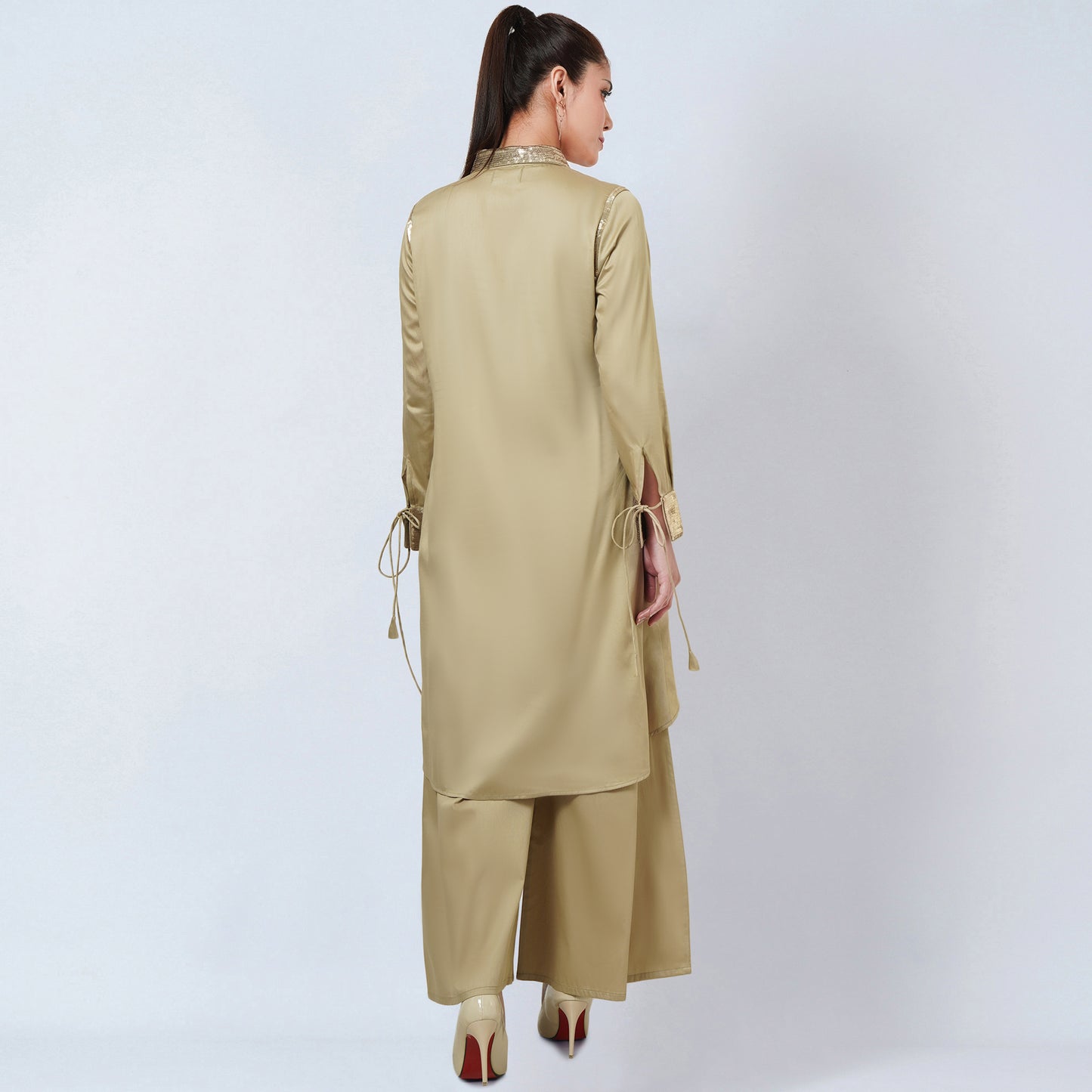 Sand Sequinned Shirt Dress and Wide Leg Pants