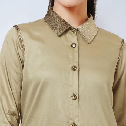 Sand Sequinned Shirt Dress and Wide Leg Pants