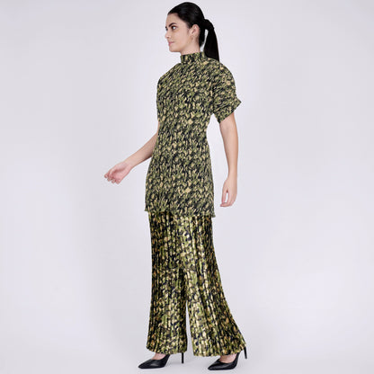 Forest Green Camouflage Print Top and Knife Pleated Palazzo Set