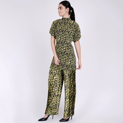 Forest Green Camouflage Print Top and Knife Pleated Palazzo Set