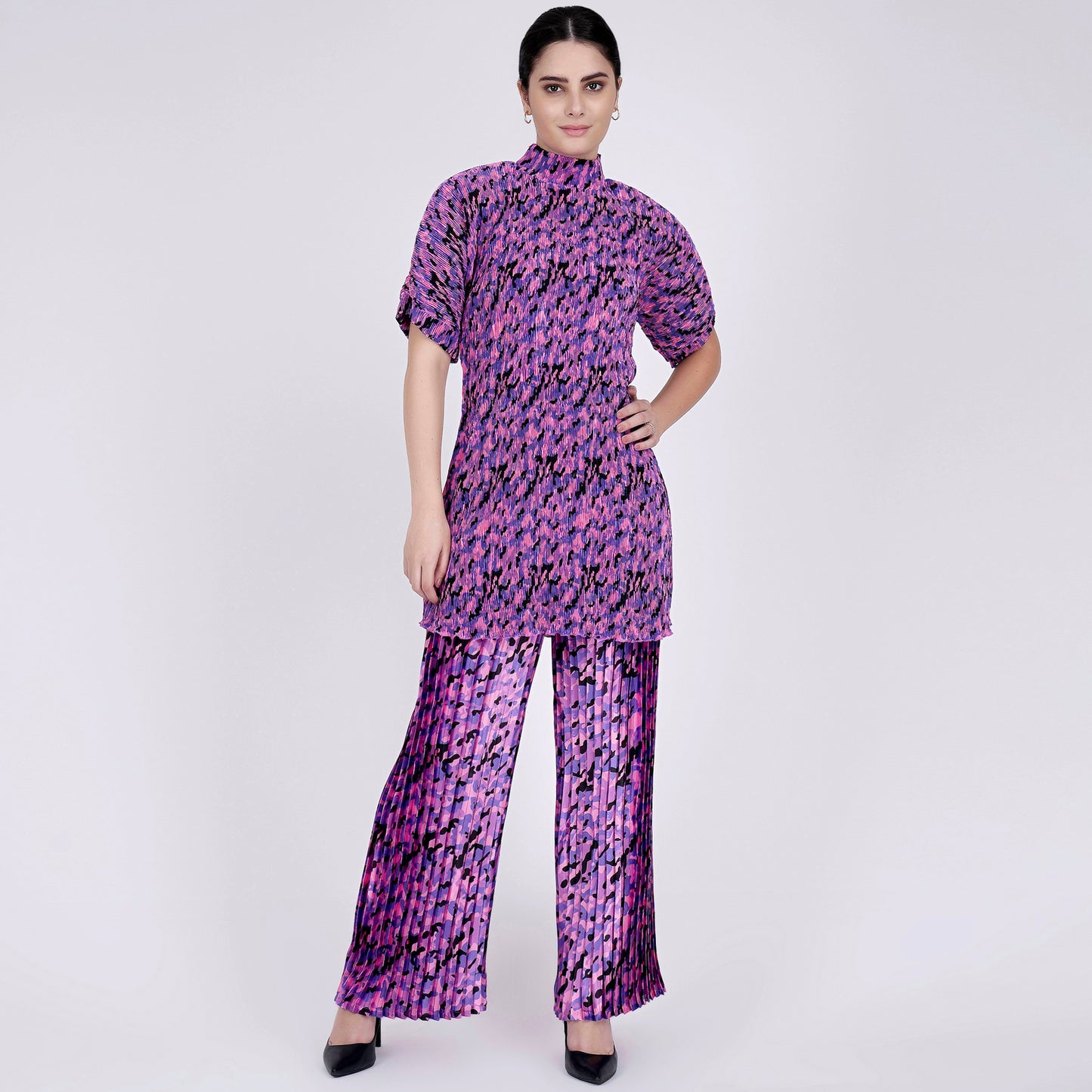 Pink Camouflage Print Top and Knife Pleated Palazzo Set