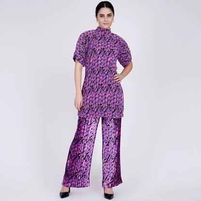 Pink Camouflage Print Top and Knife Pleated Palazzo Set