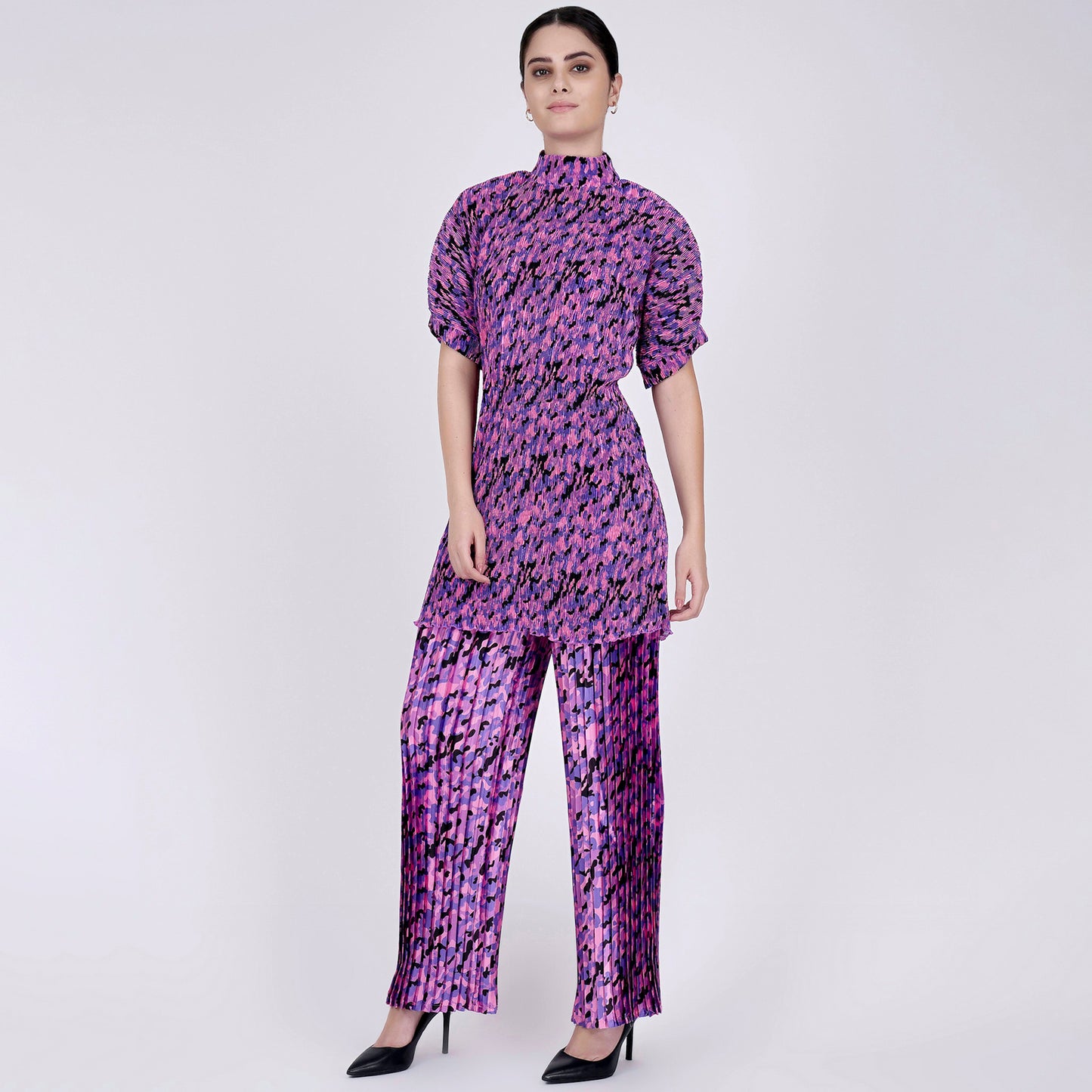 Pink Camouflage Print Top and Knife Pleated Palazzo Set