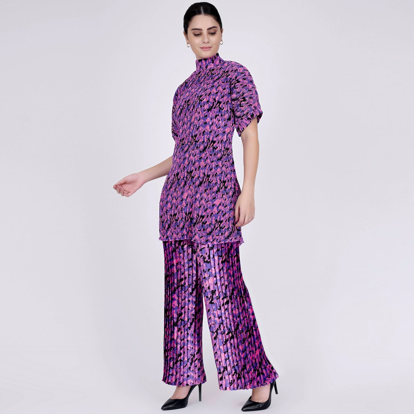 Pink Camouflage Print Top and Knife Pleated Palazzo Set