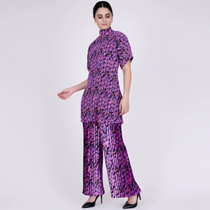 Pink Camouflage Print Top and Knife Pleated Palazzo Set