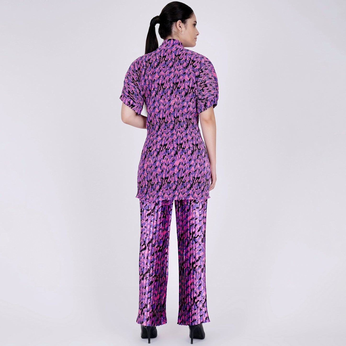 Pink Camouflage Print Top and Knife Pleated Palazzo Set
