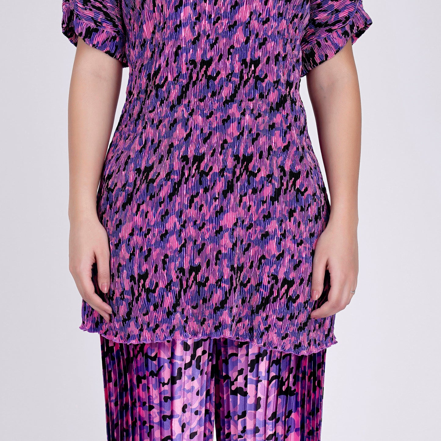 Pink Camouflage Print Top and Knife Pleated Palazzo Set