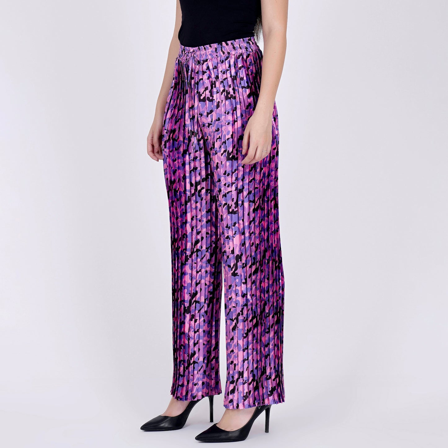 Pink Camouflage Print Top and Knife Pleated Palazzo Set