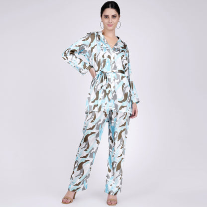 Aqua Abstract Camouflage Printed Shirt and Pants Set