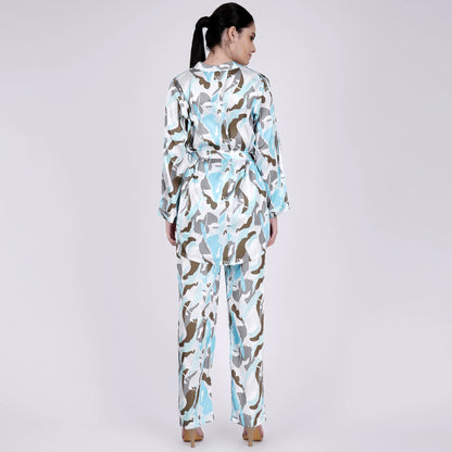 Aqua Abstract Camouflage Printed Shirt and Pants Set