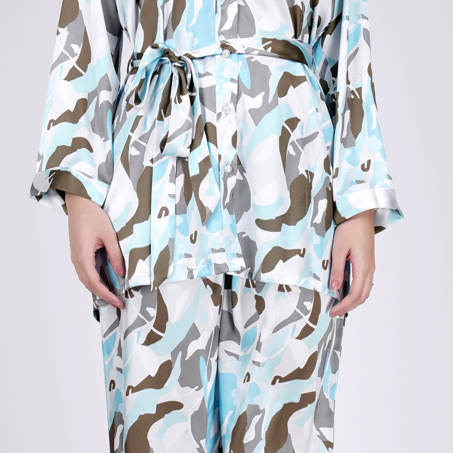 Aqua Abstract Camouflage Printed Shirt and Pants Set