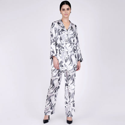 Grey Abstract Camouflage Printed Shirt and Pants Set