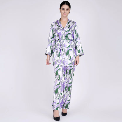 Purple Abstract Camouflage Printed Shirt and Pants Set
