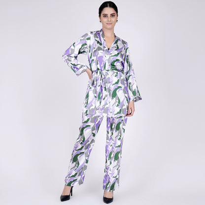 Purple Abstract Camouflage Printed Shirt and Pants Set