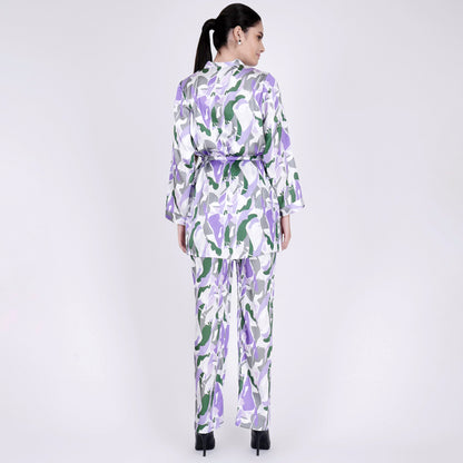 Purple Abstract Camouflage Printed Shirt and Pants Set