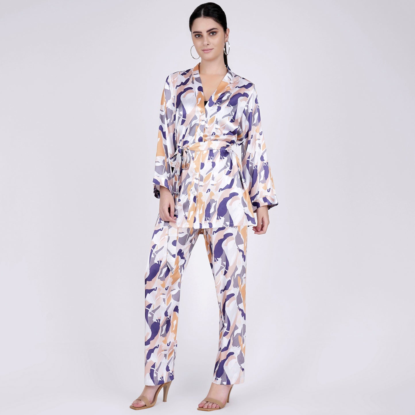Tan Abstract Camouflage Printed Shirt and Pants Set