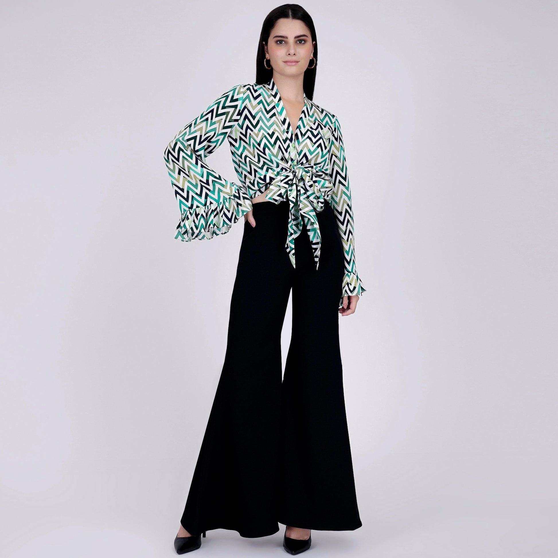 Green and White Chevron Knot Top and Bell Bottom Pants Set XS