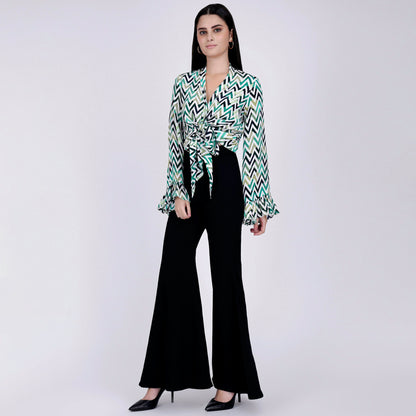 Green and White Chevron Knot Top and Bell Bottom Pants Set