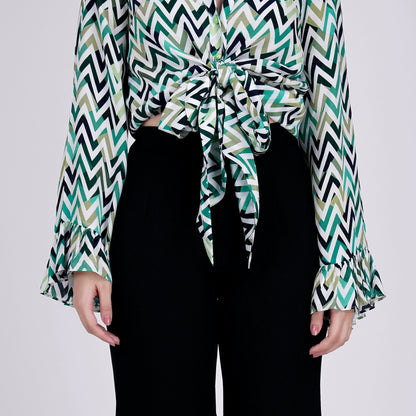 Green and White Chevron Knot Top and Bell Bottom Pants Set
