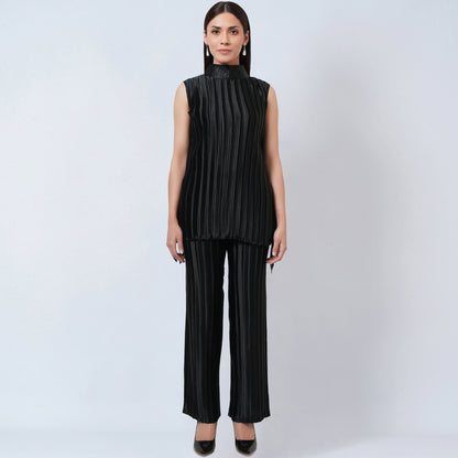 Black Sleeveless Turtle Neck Box Pleated Top and Box Pleated Palazzo Set