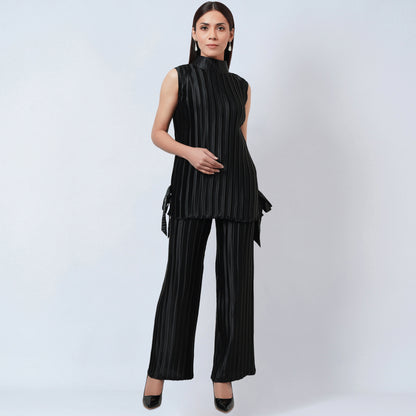 Black Sleeveless Turtle Neck Box Pleated Top and Box Pleated Palazzo Set