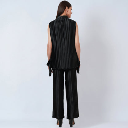 Black Sleeveless Turtle Neck Box Pleated Top and Box Pleated Palazzo Set