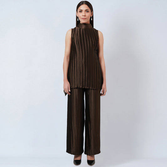 Brown Sleeveless Turtle Neck Box Pleated Top and Box Pleated Palazzo Set