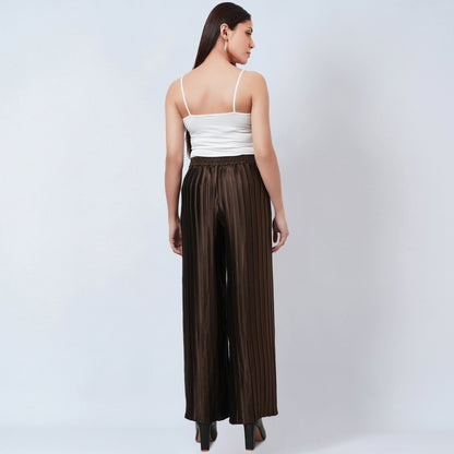 Brown Sleeveless Turtle Neck Box Pleated Top and Box Pleated Palazzo Set