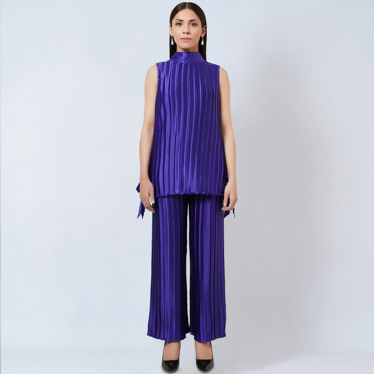 Purple Sleeveless Turtle Neck Box Pleated Top and Box Pleated Palazzo Set