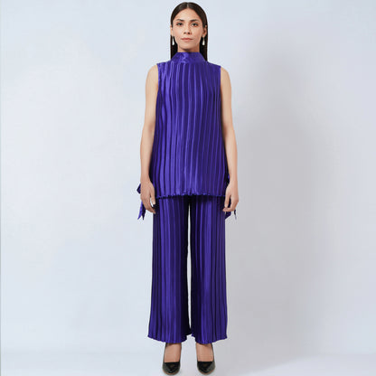 Purple Sleeveless Turtle Neck Box Pleated Top and Box Pleated Palazzo Set