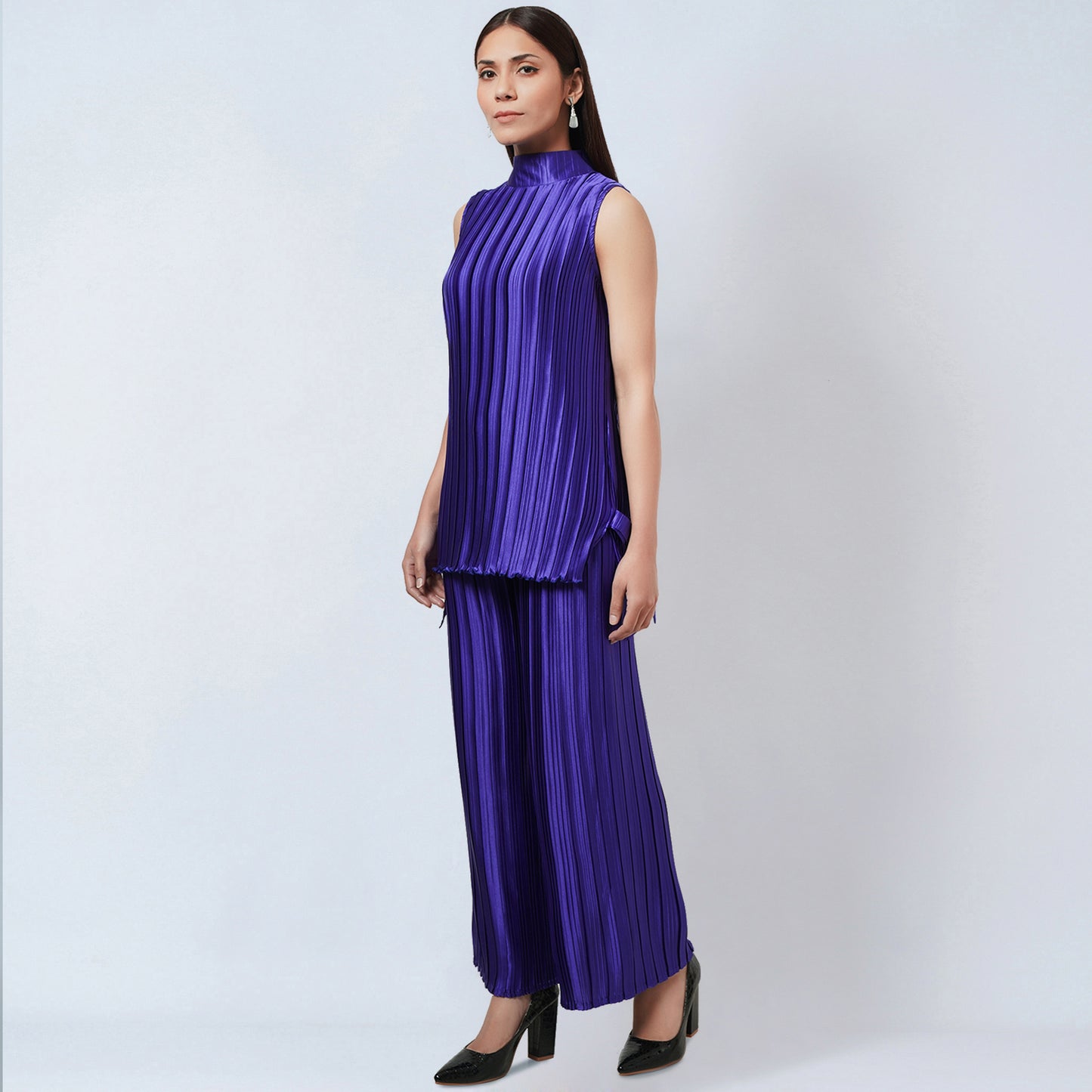 Purple Sleeveless Turtle Neck Box Pleated Top and Box Pleated Palazzo Set