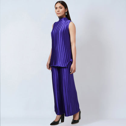 Purple Sleeveless Turtle Neck Box Pleated Top and Box Pleated Palazzo Set