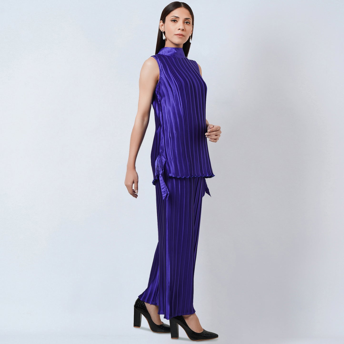Purple Sleeveless Turtle Neck Box Pleated Top and Box Pleated Palazzo Set